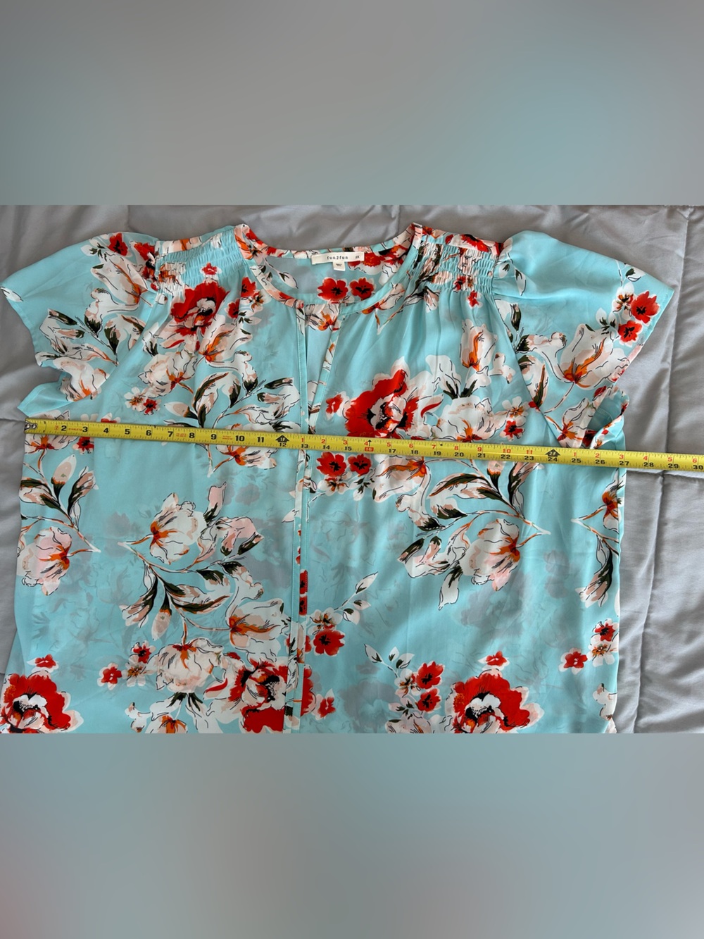 fun 2 fun Aqua Floral Blouse with Red Accents - Picture 8 of 11